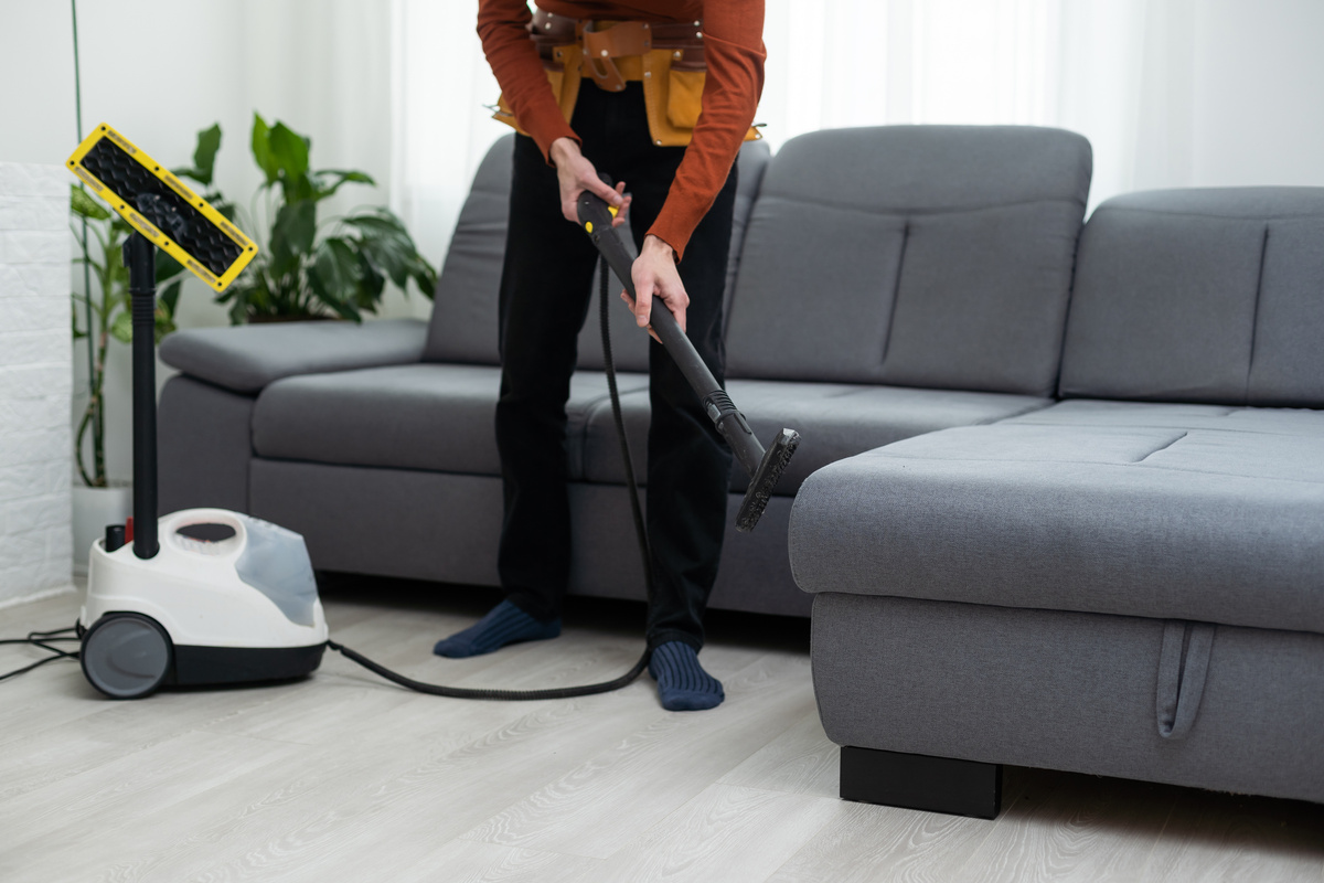 Dry cleaning worker removing dirt from sofa indoors